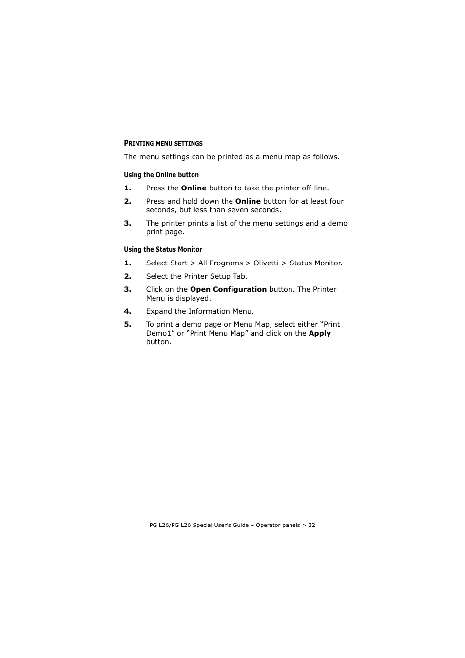 Printing menu settings | Olivetti PG L26 Special User Manual | Page 32 / 93