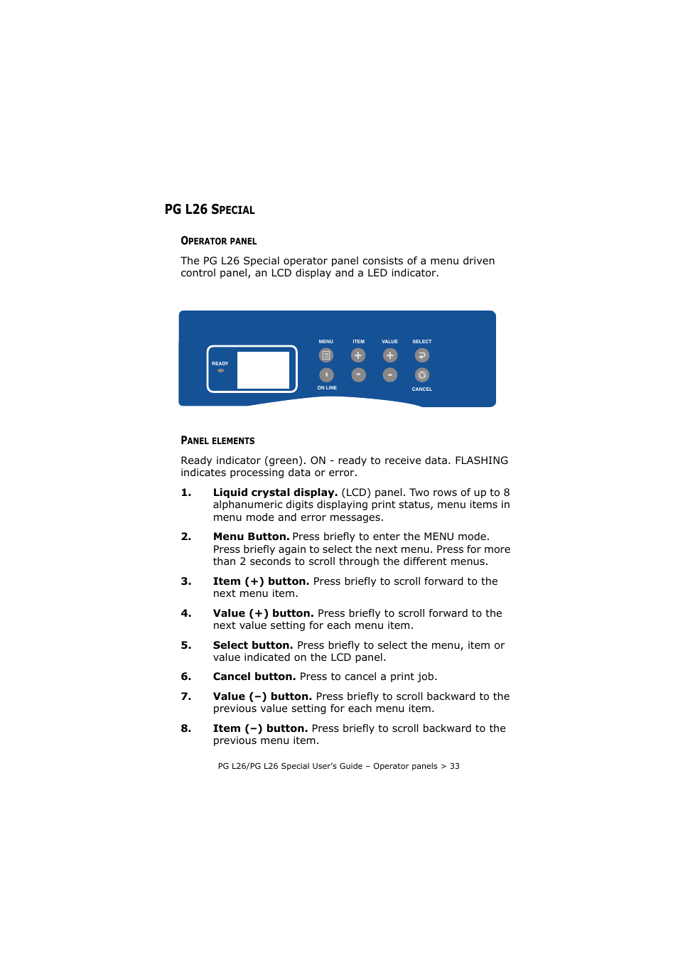 Pg l26 special, Operator panel, Panel elements | Operator panel panel elements, Pg l26 s | Olivetti PG L26 Special User Manual | Page 33 / 93