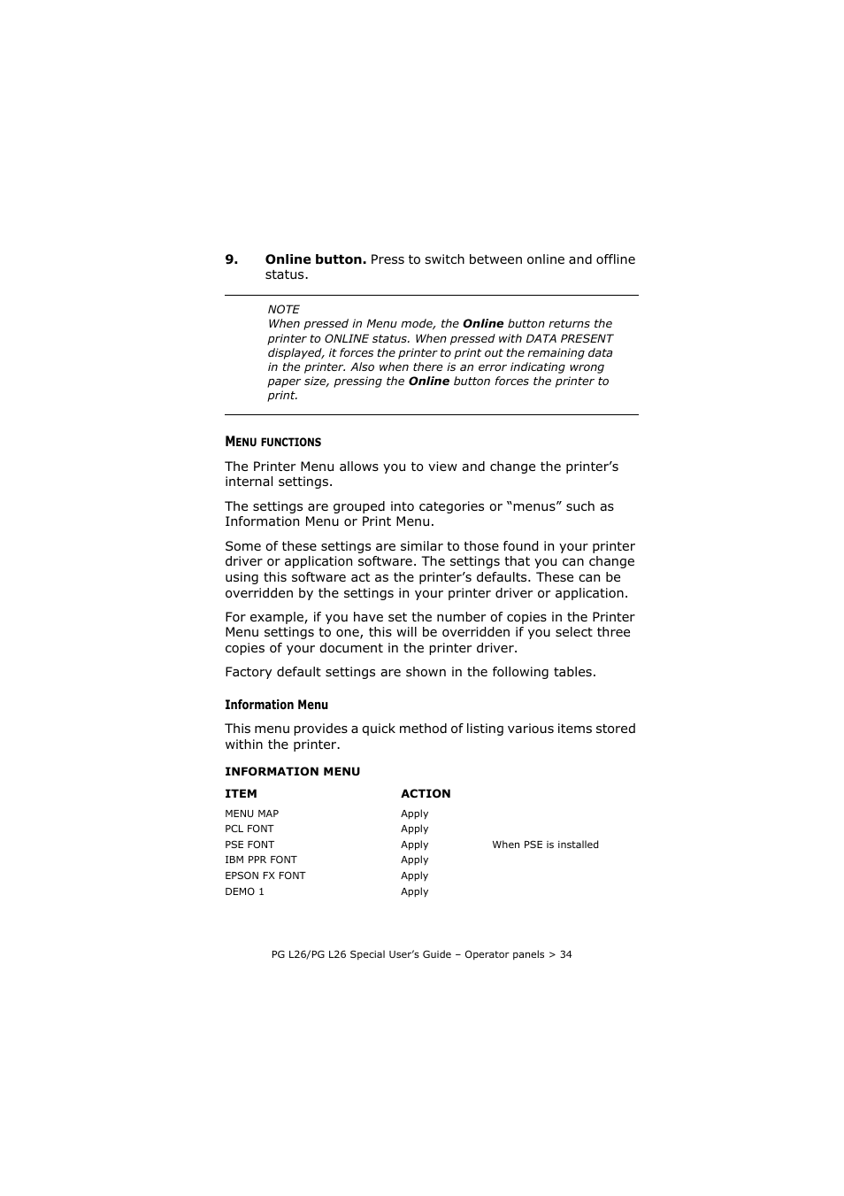 Menu functions | Olivetti PG L26 Special User Manual | Page 34 / 93