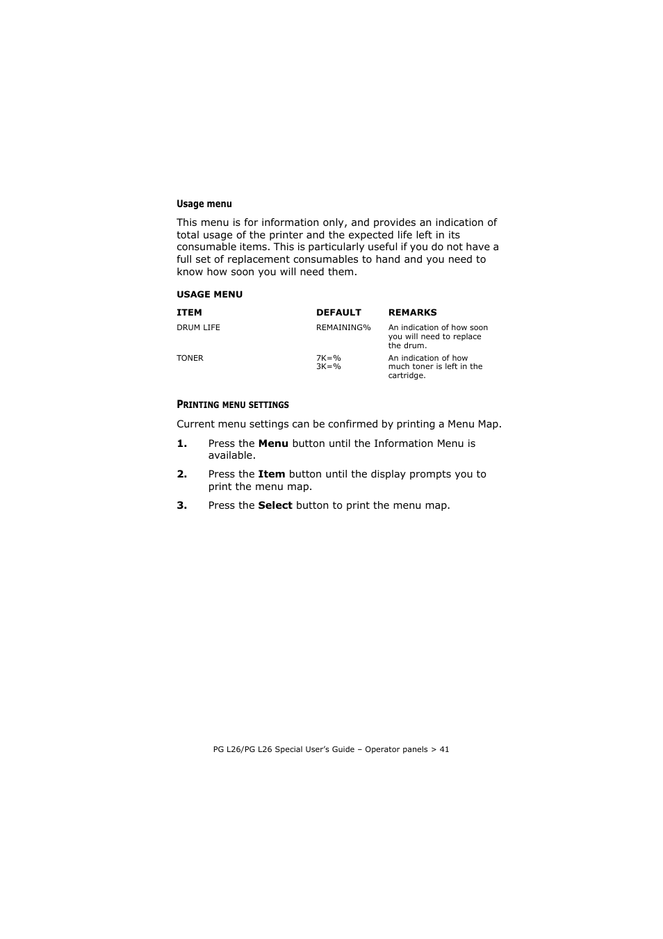 Printing menu settings | Olivetti PG L26 Special User Manual | Page 41 / 93