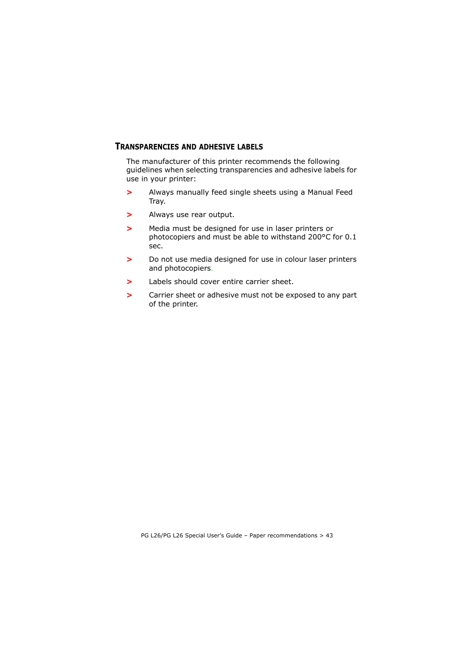 Transparencies and adhesive labels | Olivetti PG L26 Special User Manual | Page 43 / 93