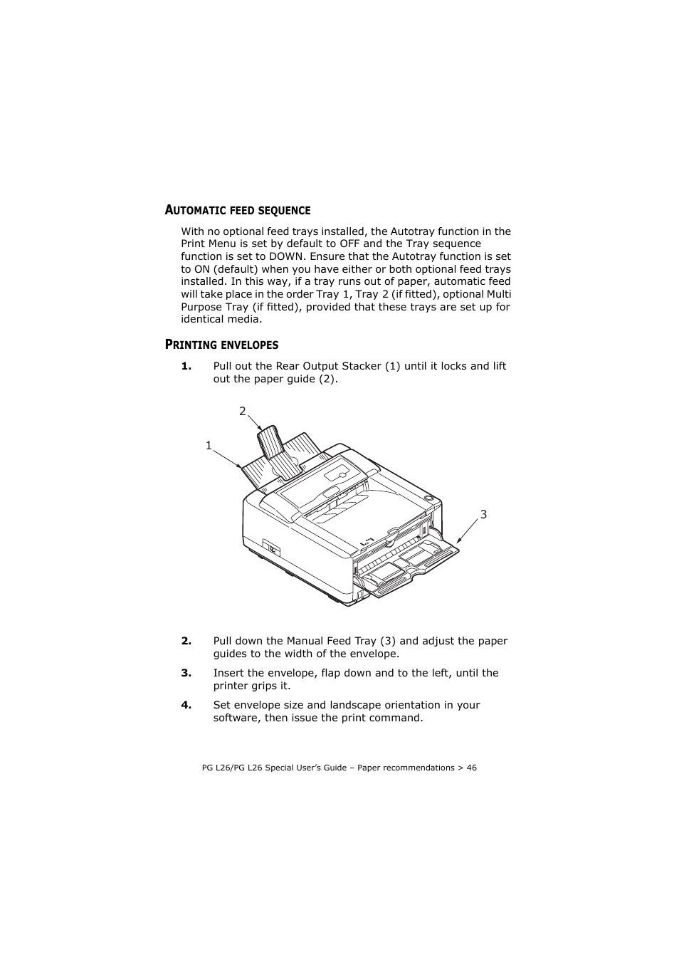 Automatic feed sequence, Printing envelopes, Automatic feed sequence printing envelopes | Olivetti PG L26 Special User Manual | Page 46 / 93