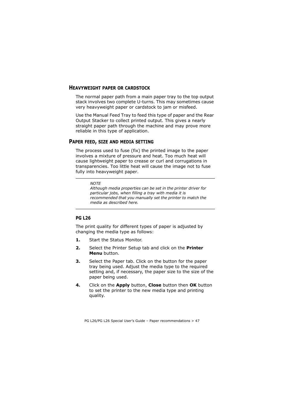 Heavyweight paper or cardstock, Paper feed, size and media setting, Pg l26 | Olivetti PG L26 Special User Manual | Page 47 / 93