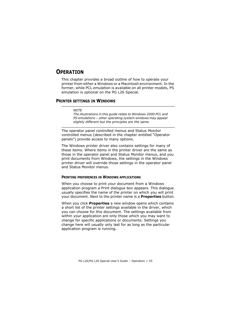 Operation, Printer settings in windows, Printing preferences in windows applications | Peration | Olivetti PG L26 Special User Manual | Page 55 / 93