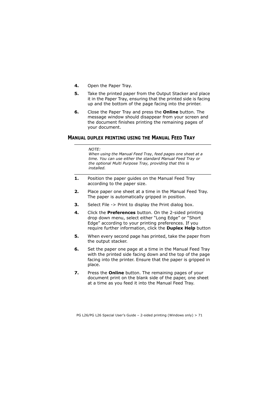 Manual duplex printing using the manual feed tray, Manual duplex printing using the manual feed, Tray | Olivetti PG L26 Special User Manual | Page 71 / 93