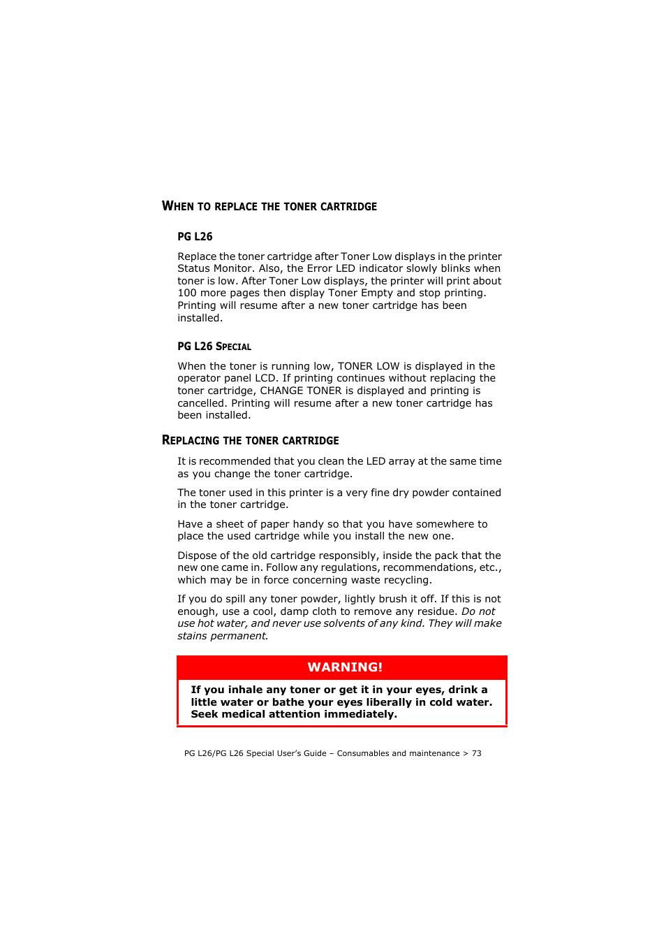 When to replace the toner cartridge, Pg l26, Pg l26 special | Replacing the toner cartridge, Pg l26 pg l26 special | Olivetti PG L26 Special User Manual | Page 73 / 93