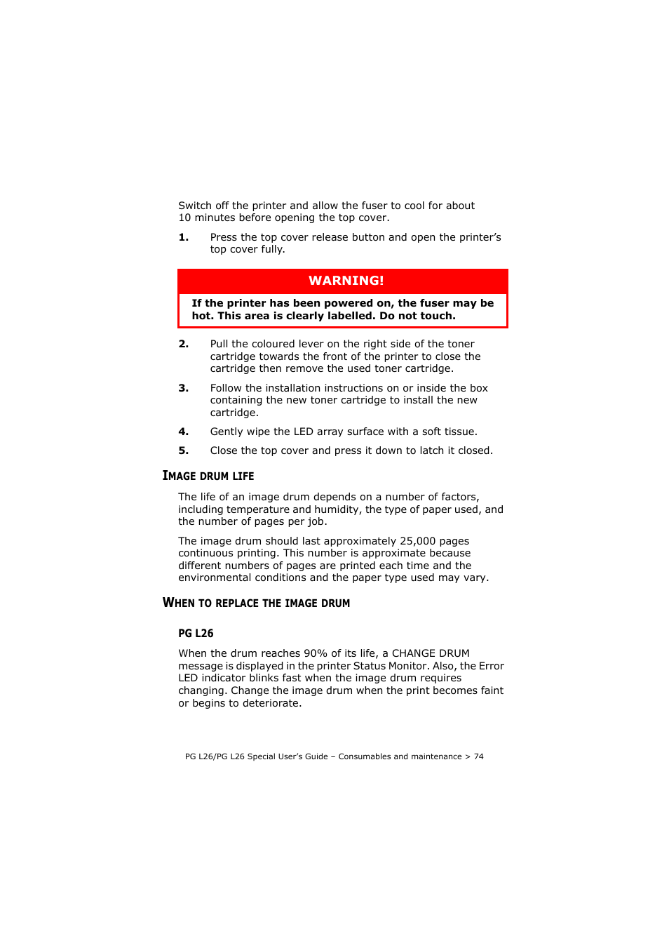 Image drum life, When to replace the image drum, Pg l26 | Image drum life when to replace the image drum | Olivetti PG L26 Special User Manual | Page 74 / 93