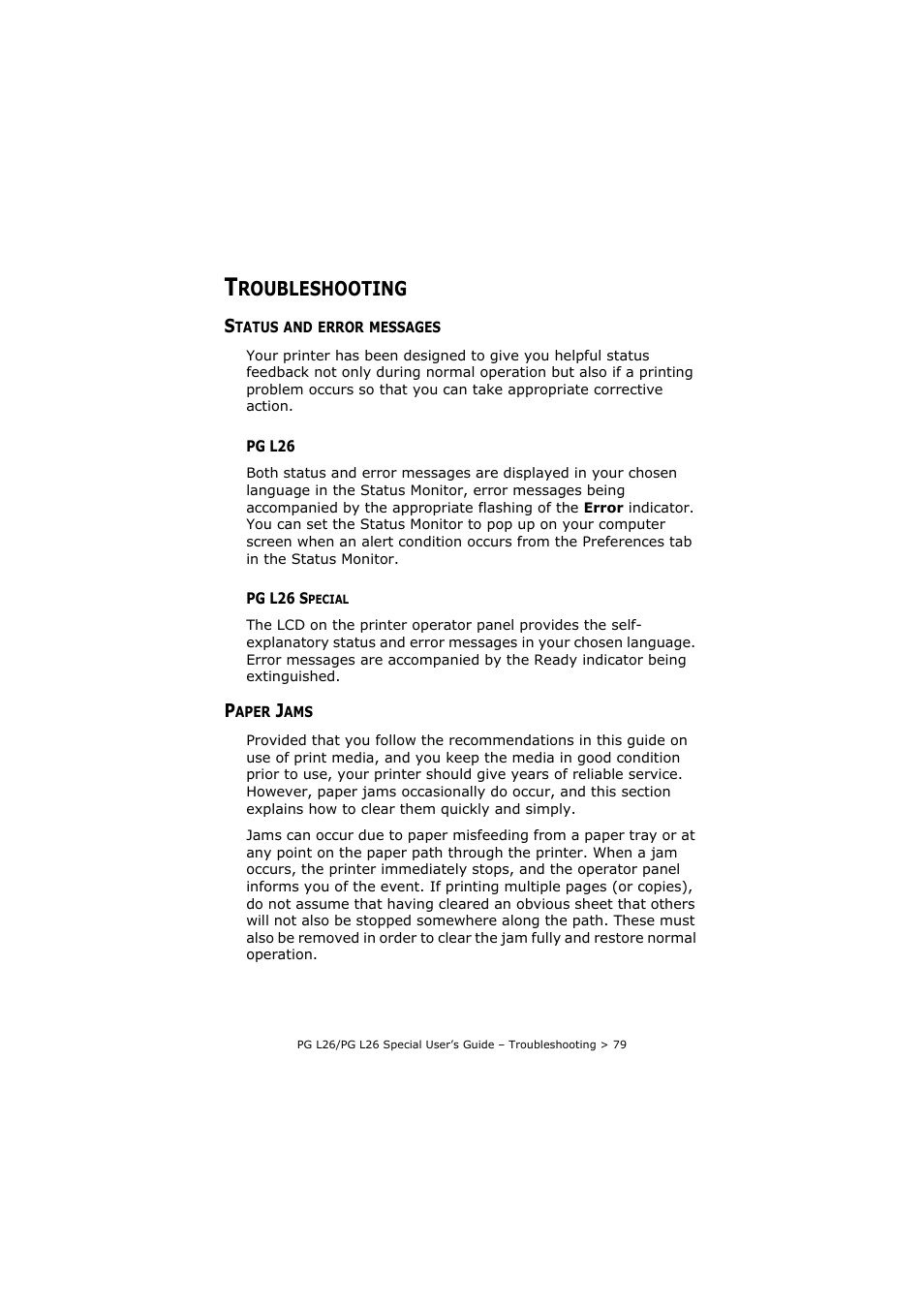 Troubleshooting, Status and error messages, Pg l26 | Pg l26 special, Paper jams, Pg l26 pg l26 special, Roubleshooting | Olivetti PG L26 Special User Manual | Page 79 / 93
