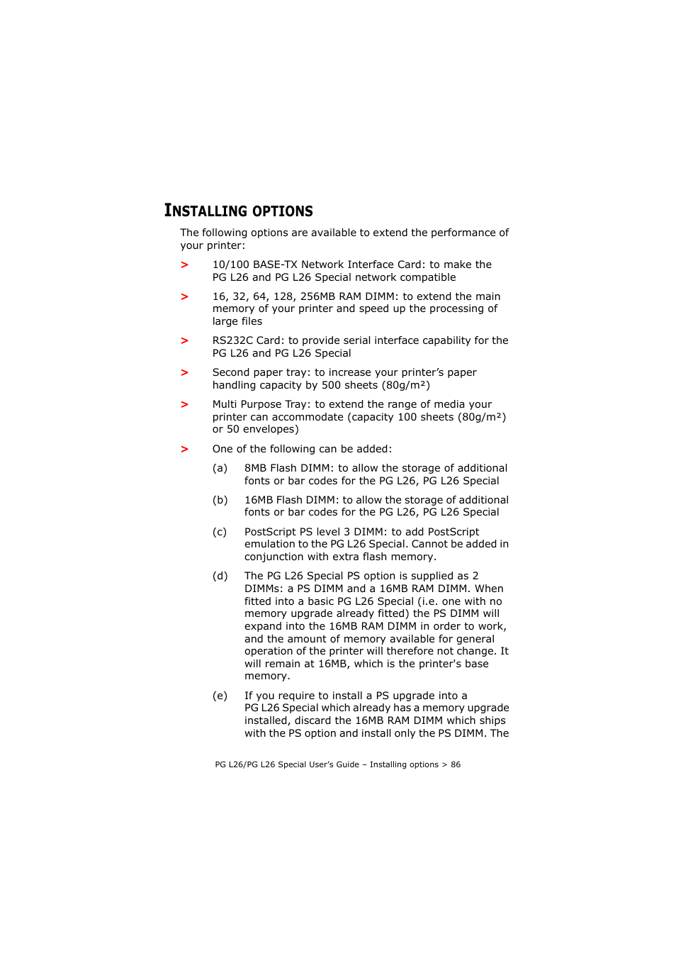Installing options, Nstalling, Options | Olivetti PG L26 Special User Manual | Page 86 / 93