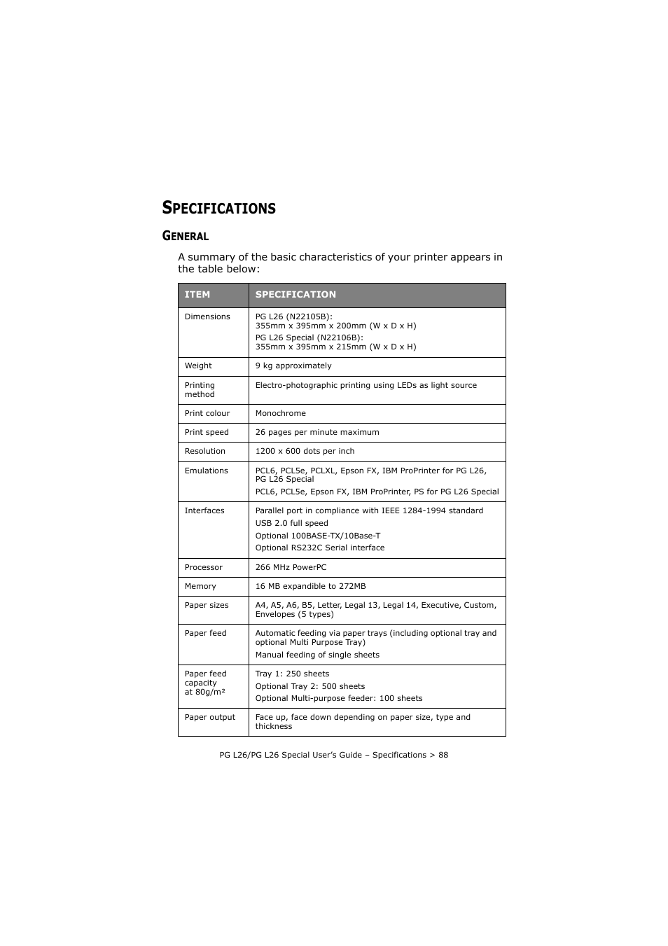 Specifications, General, Pecifications | Olivetti PG L26 Special User Manual | Page 88 / 93