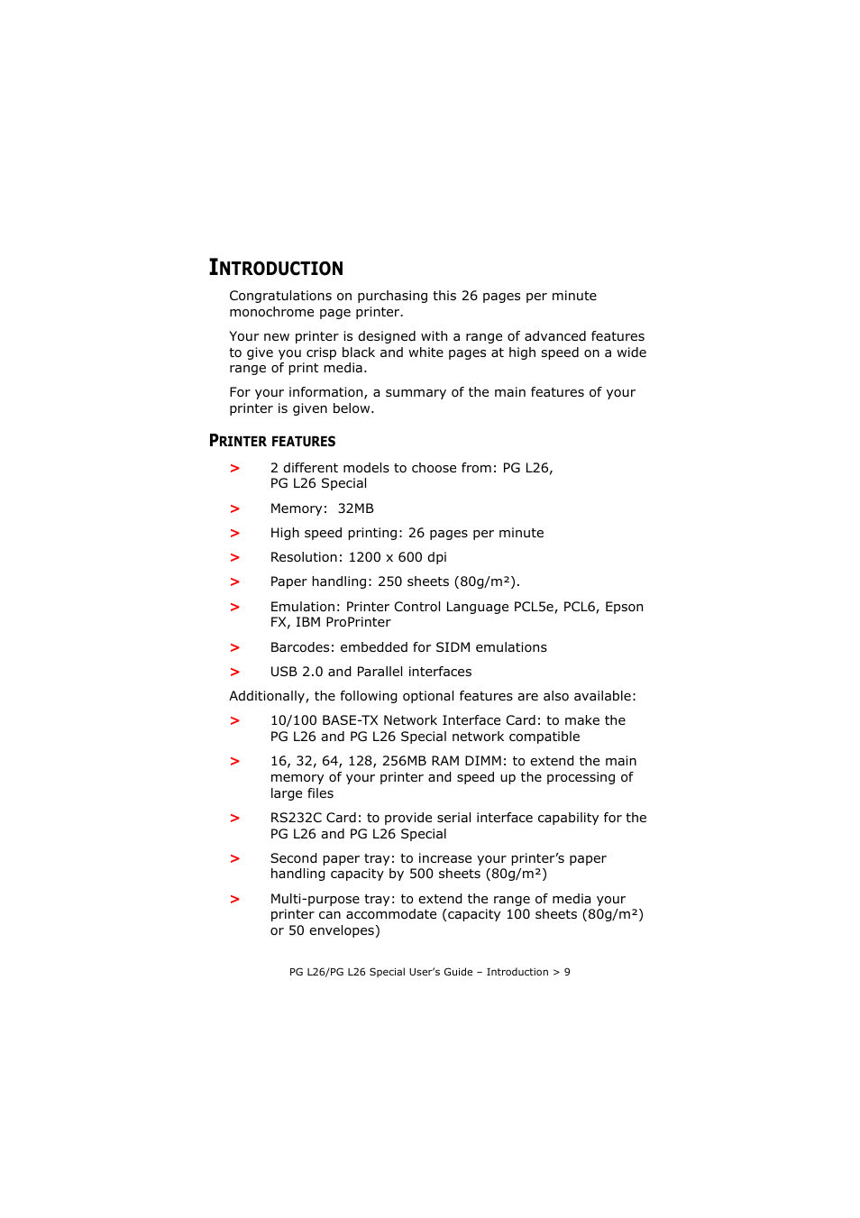 Introduction, Printer features, Ntroduction | Olivetti PG L26 Special User Manual | Page 9 / 93