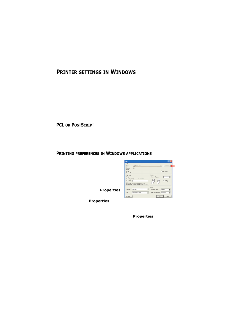 Printer settings in windows, Pcl or postscript, Printing preferences in windows applications | Olivetti D-COLOR P26 User Manual | Page 21 / 174
