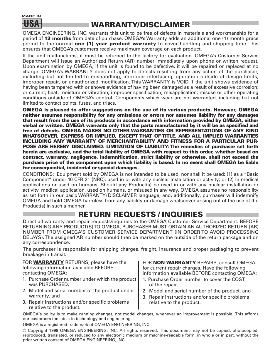 Warranty/disclaimer, Return requests / inquiries | Omega Vehicle Security PX791 User Manual | Page 7 / 8