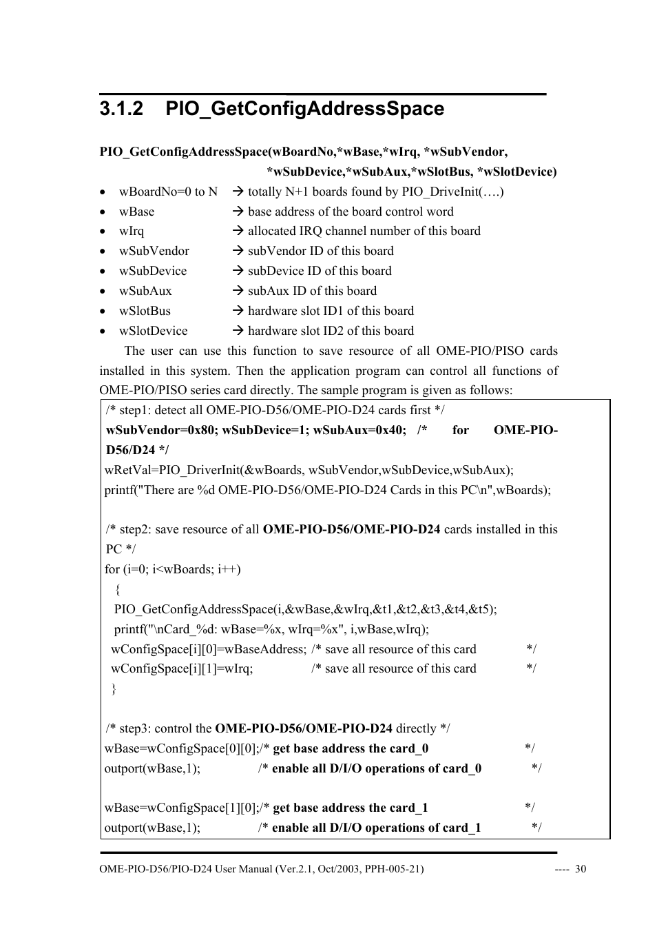 2 pio_getconfigaddressspace | Omega Vehicle Security OME-PIO-D56 User Manual | Page 32 / 53