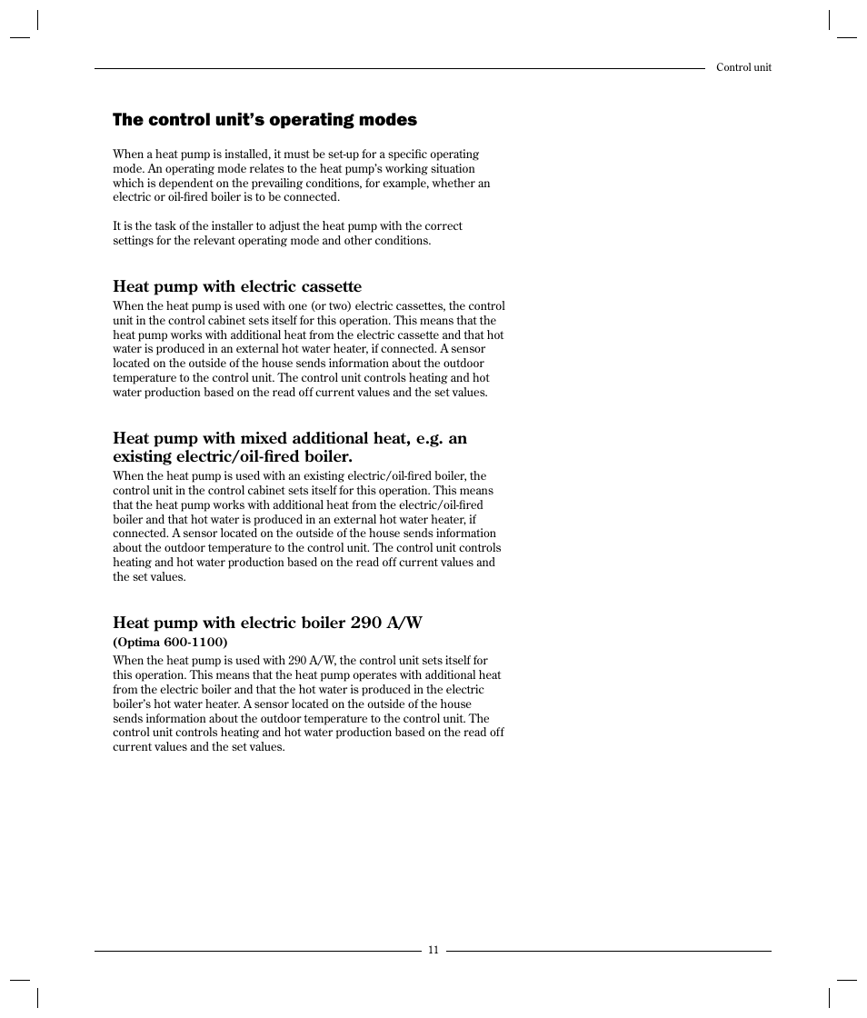 The control unit’s operating modes | Optima Company 600 - 1700 User Manual | Page 11 / 38