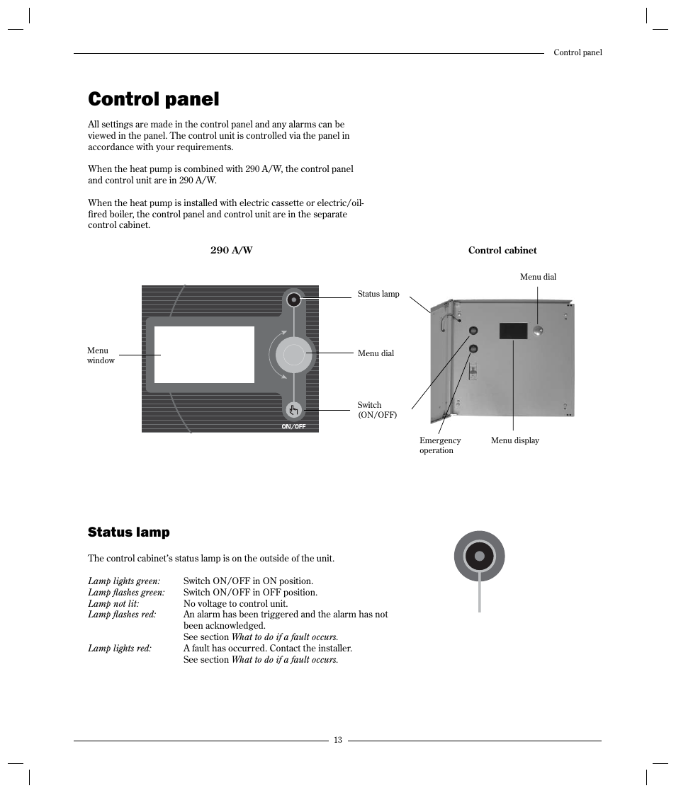 Control panel, Status lamp | Optima Company 600 - 1700 User Manual | Page 13 / 38