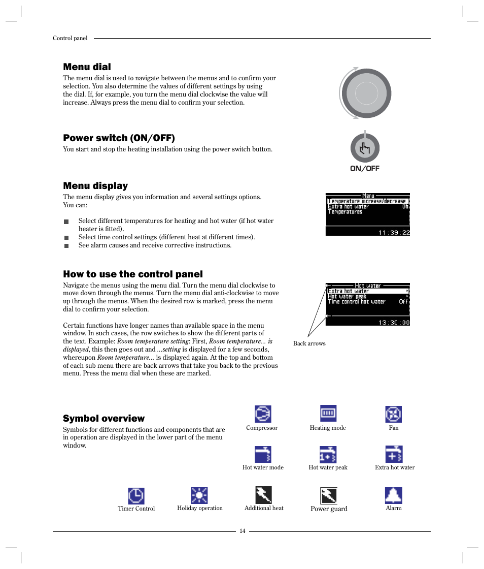 Menu dial, Power switch (on/off), Menu display | How to use the control panel, Symbol overview | Optima Company 600 - 1700 User Manual | Page 14 / 38