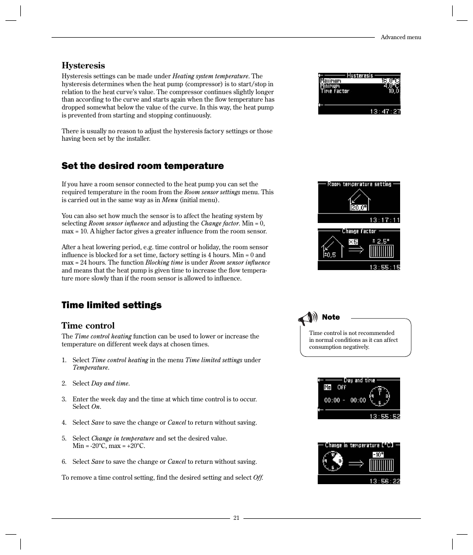 Set the desired room temperature, Time limited settings, Hysteresis | Time control | Optima Company 600 - 1700 User Manual | Page 21 / 38