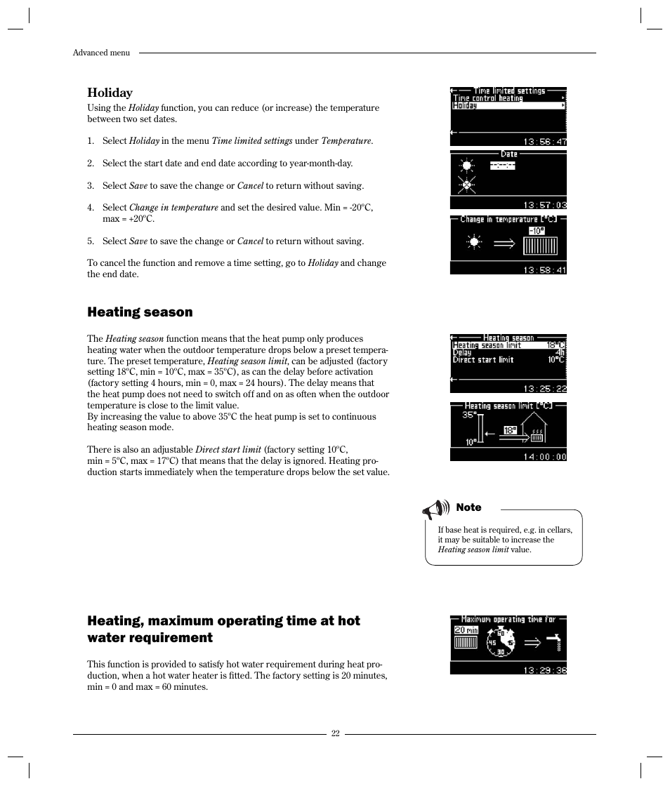 Heating season, Holiday | Optima Company 600 - 1700 User Manual | Page 22 / 38