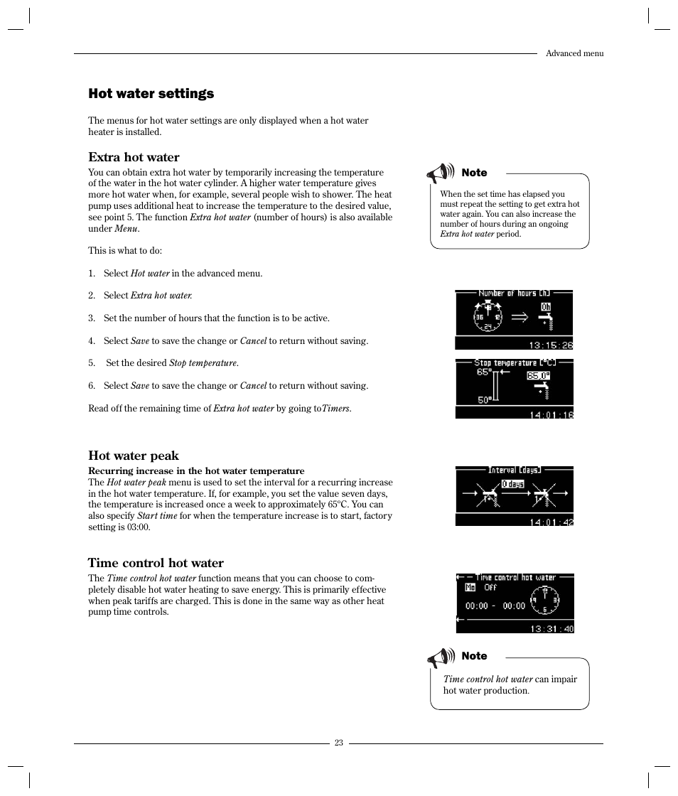 Hot water settings, Extra hot water, Hot water peak | Time control hot water | Optima Company 600 - 1700 User Manual | Page 23 / 38