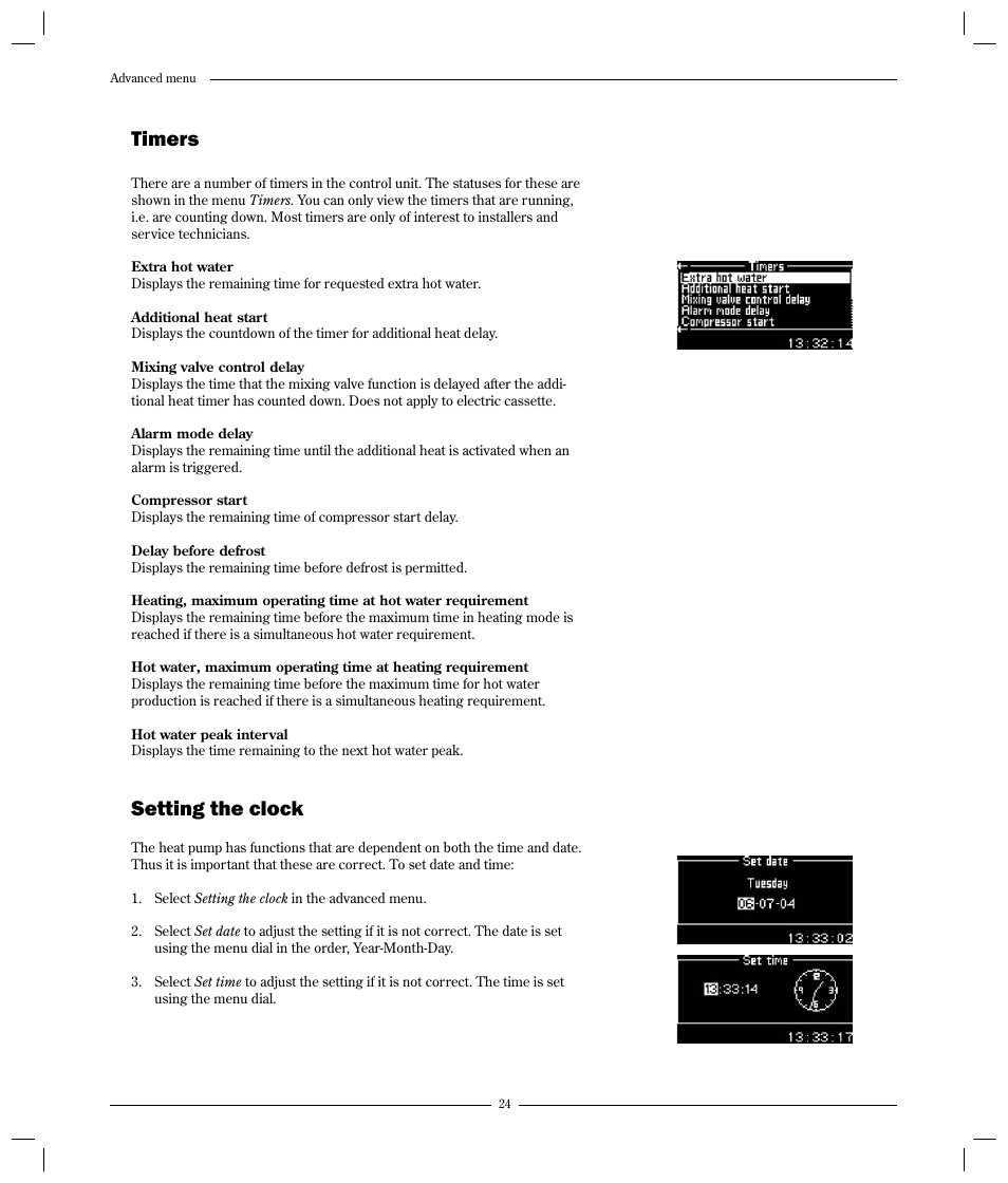 Timers, Setting the clock | Optima Company 600 - 1700 User Manual | Page 24 / 38