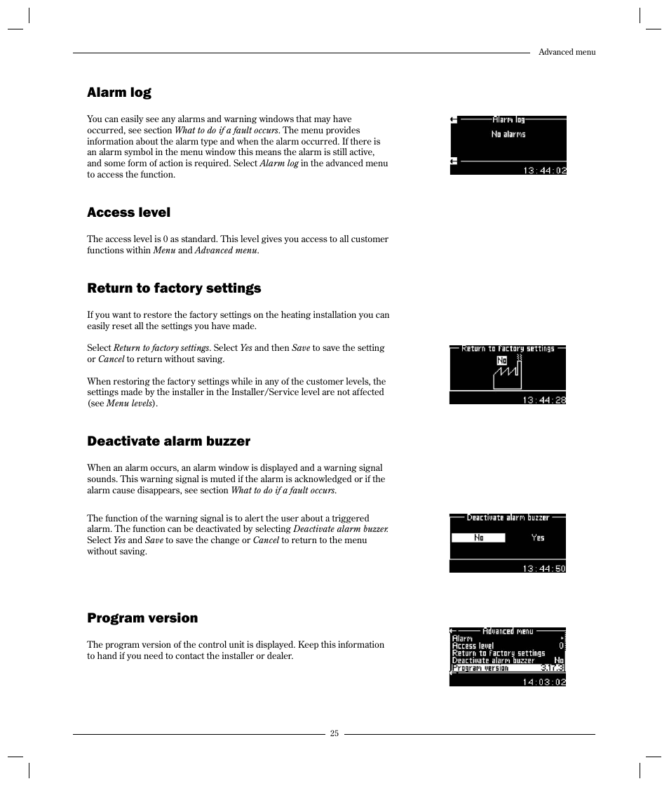 Alarm log, Access level, Return to factory settings | Deactivate alarm buzzer, Program version | Optima Company 600 - 1700 User Manual | Page 25 / 38