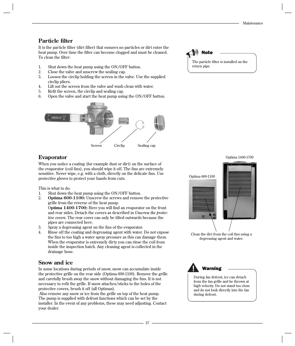 Evaporator, Snow and ice, Particle fi lter | Optima Company 600 - 1700 User Manual | Page 27 / 38