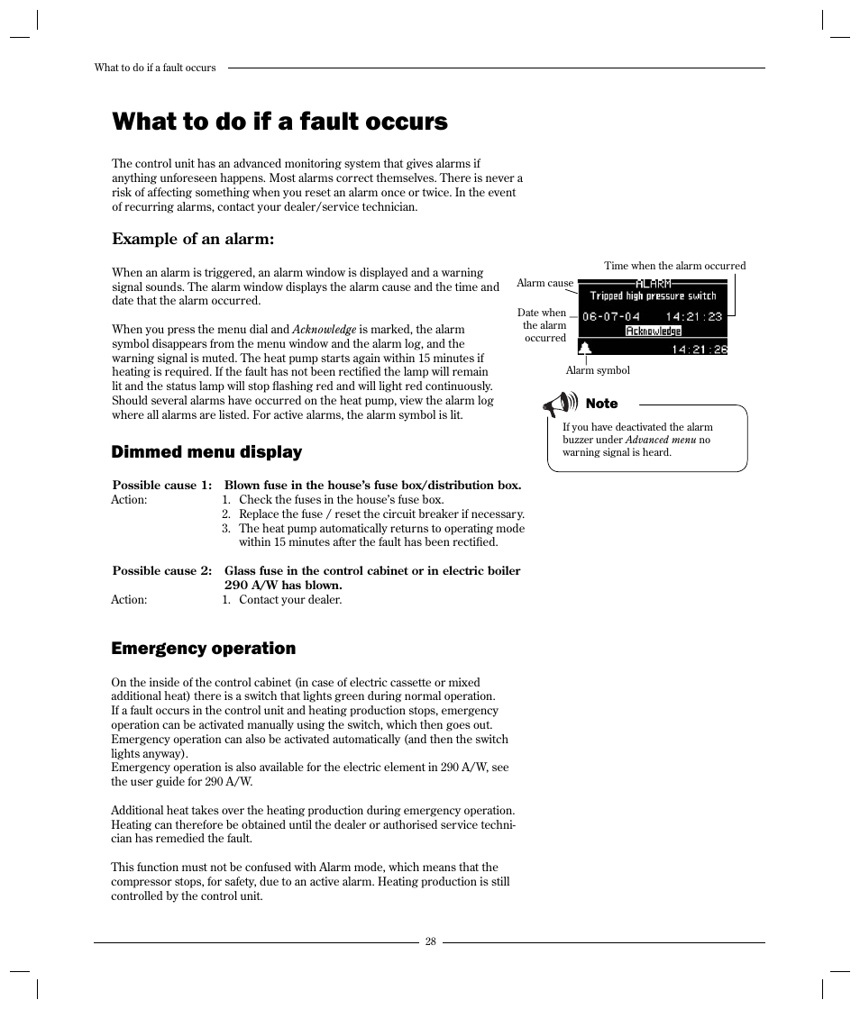 What to do if a fault occurs, Dimmed menu display, Emergency operation | Optima Company 600 - 1700 User Manual | Page 28 / 38