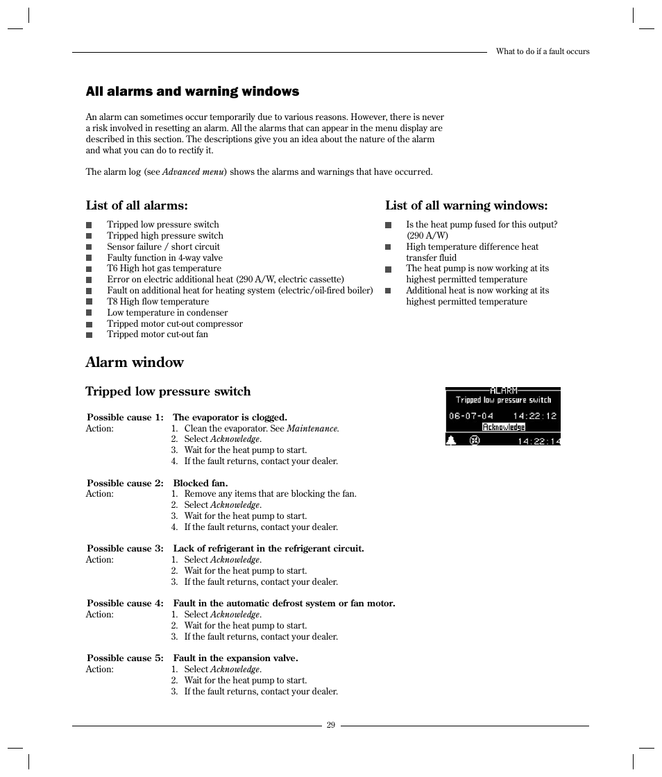 All alarms and warning windows, Alarm window, List of all alarms | List of all warning windows, Tripped low pressure switch | Optima Company 600 - 1700 User Manual | Page 29 / 38