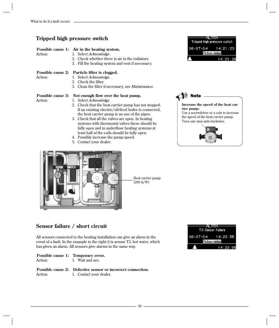 Tripped high pressure switch, Sensor failure / short circuit | Optima Company 600 - 1700 User Manual | Page 30 / 38