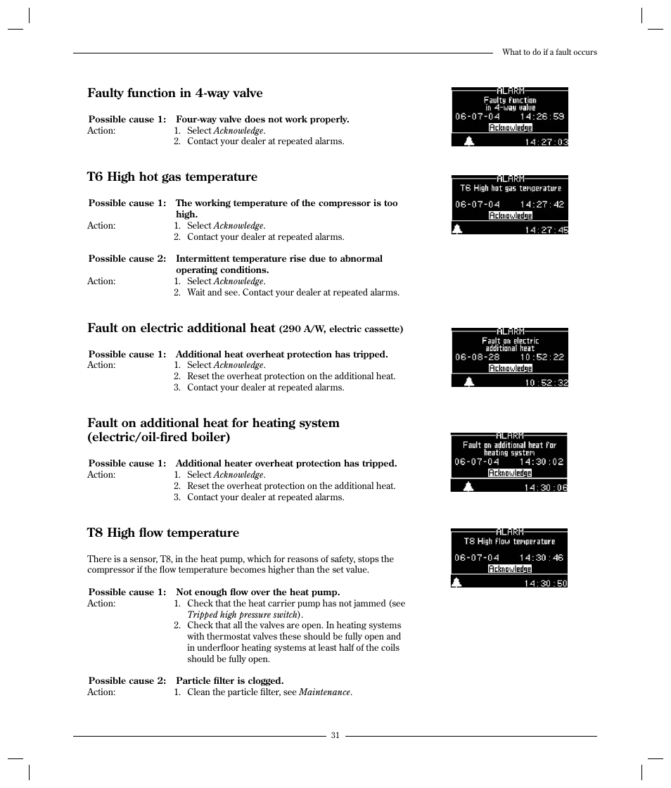 Faulty function in 4-way valve, T6 high hot gas temperature, Fault on electric additional heat | T8 high fl ow temperature | Optima Company 600 - 1700 User Manual | Page 31 / 38