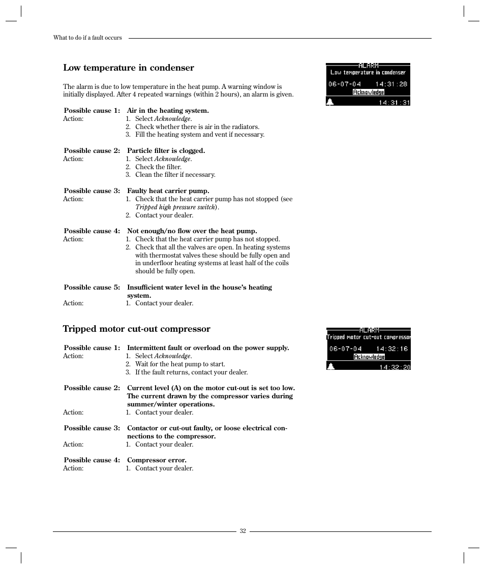 Low temperature in condenser, Tripped motor cut-out compressor | Optima Company 600 - 1700 User Manual | Page 32 / 38
