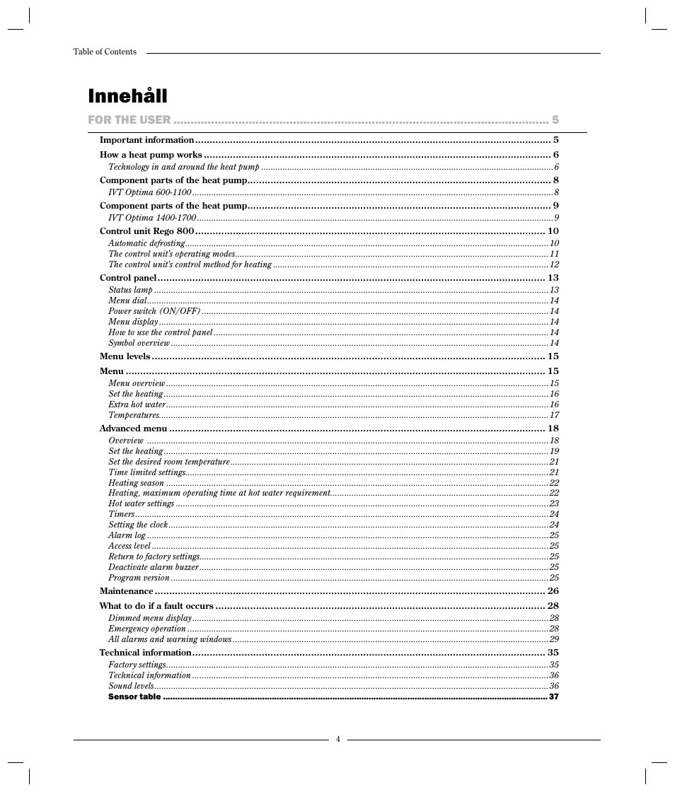 Innehåll, For the user | Optima Company 600 - 1700 User Manual | Page 4 / 38