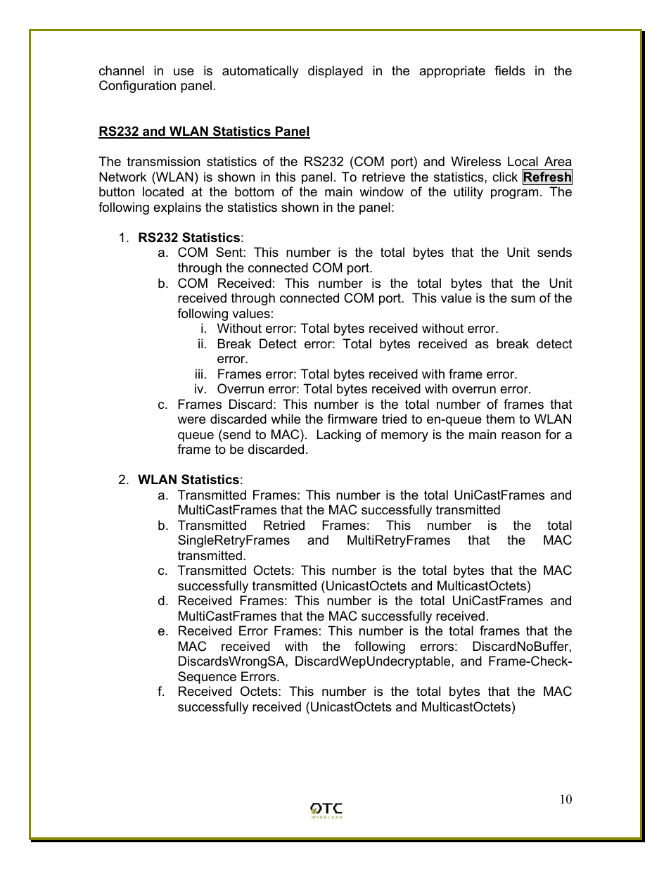 Rs232 and wlan statistics panel | OTC Wireless WiSER2400 User Manual | Page 13 / 25