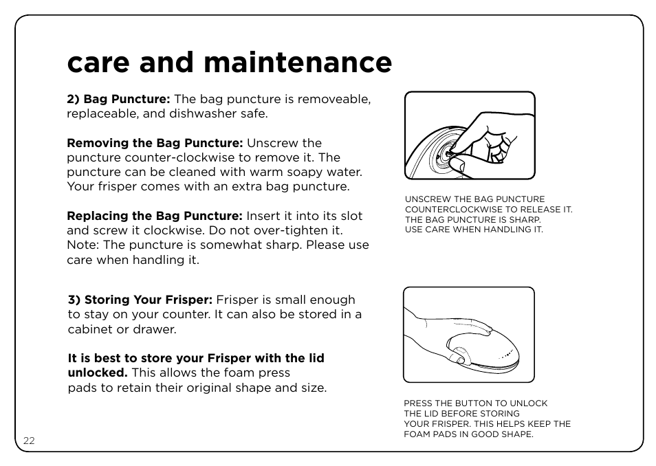Care and maintenance | Oliso Freshkeeper 500 User Manual | Page 22 / 28