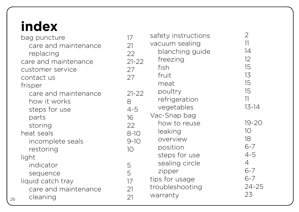 Index | Oliso Freshkeeper 500 User Manual | Page 26 / 28