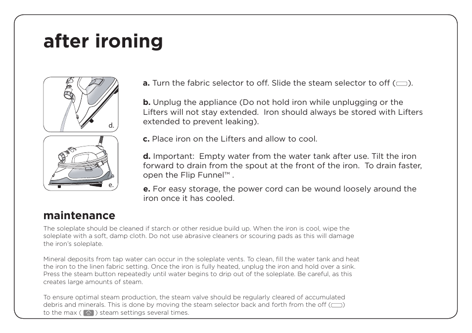 After ironing, Maintenance | Oliso TG-1000 User Manual | Page 12 / 16