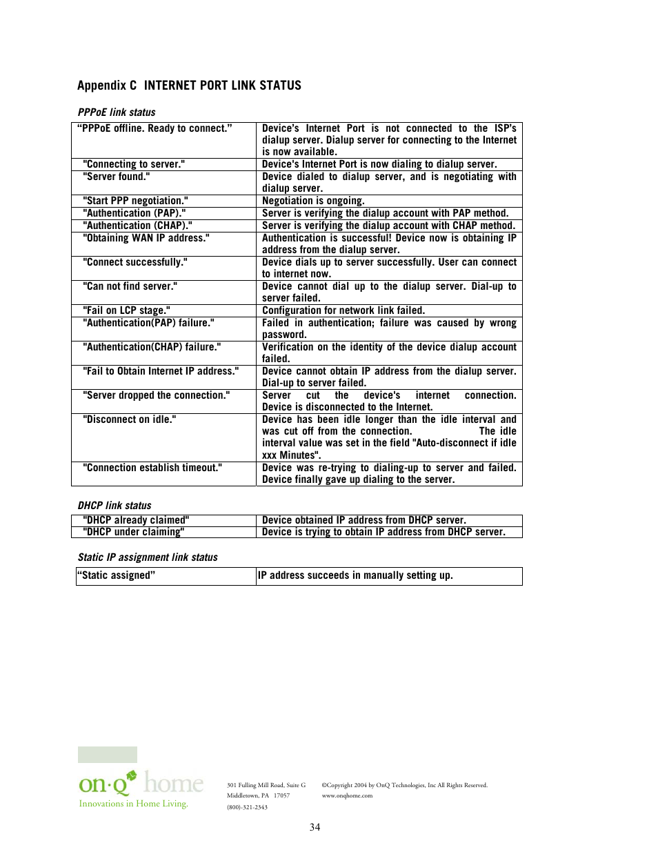 Appendix c internet port link status | On-Q/Legrand 364732-01 User Manual | Page 37 / 37