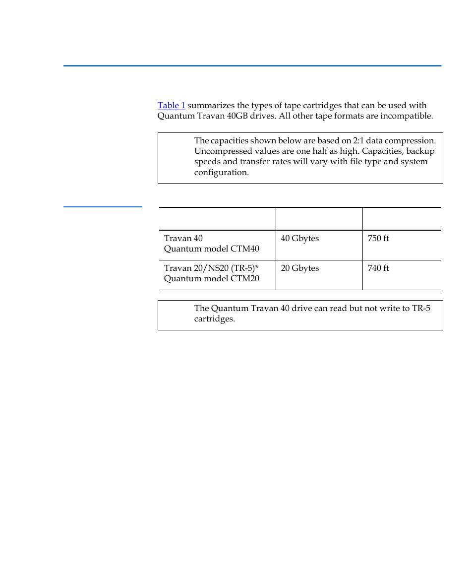 Recommended tape cartridges | Quantum Internal Storage System Travan 40 GB User Manual | Page 21 / 26