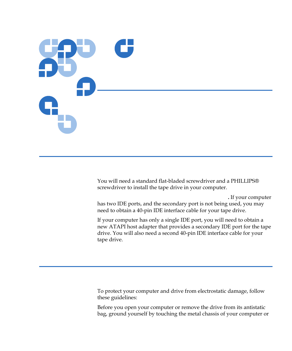 Installing the drive, What you will need, Important precautions | Chapter 2 | Quantum Internal Storage System Travan 40 GB User Manual | Page 7 / 26