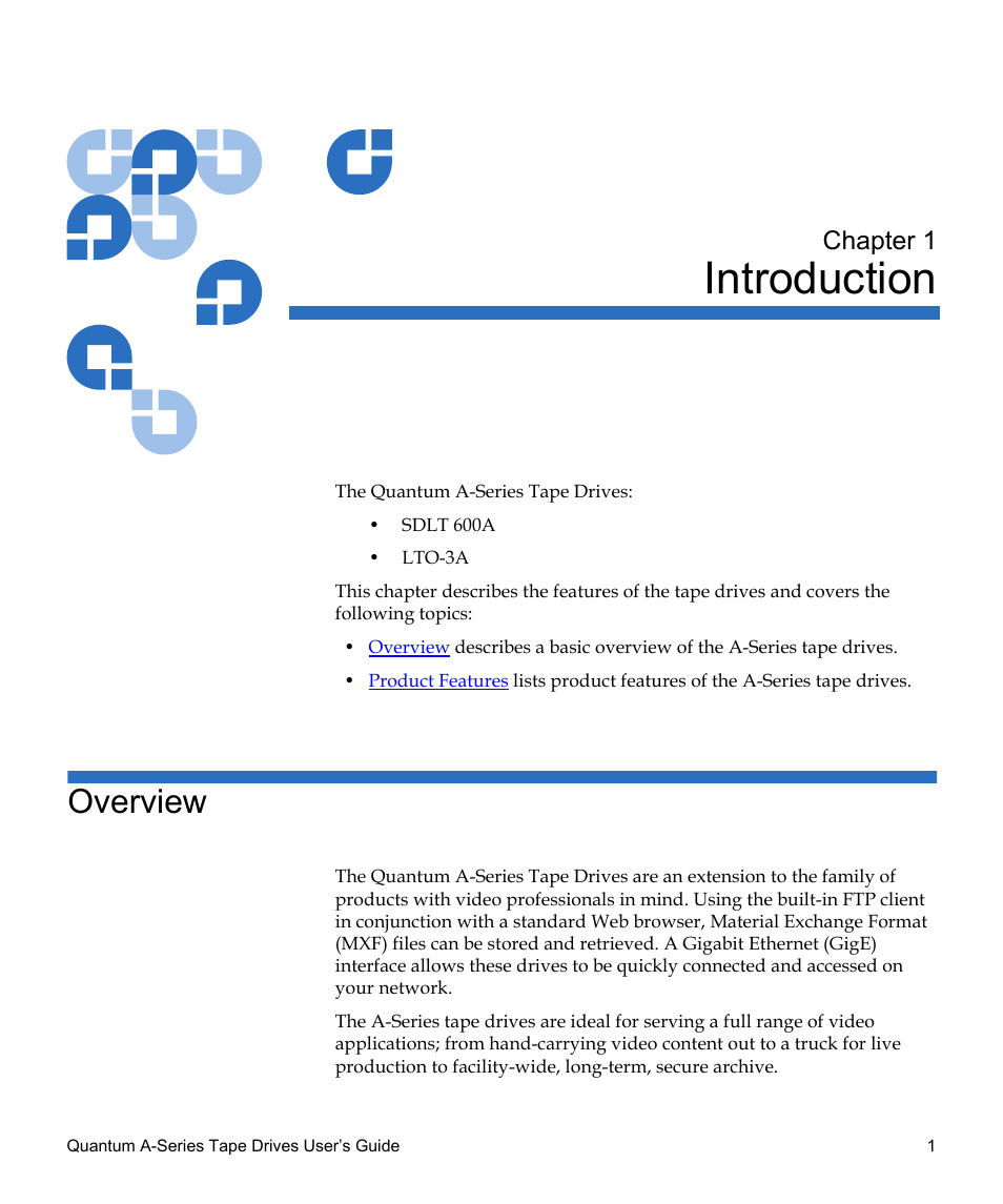 Introduction, Overview, Chapter 1 | Chapter 1, introduction | Quantum Tape Drive A-Series User Manual | Page 17 / 105