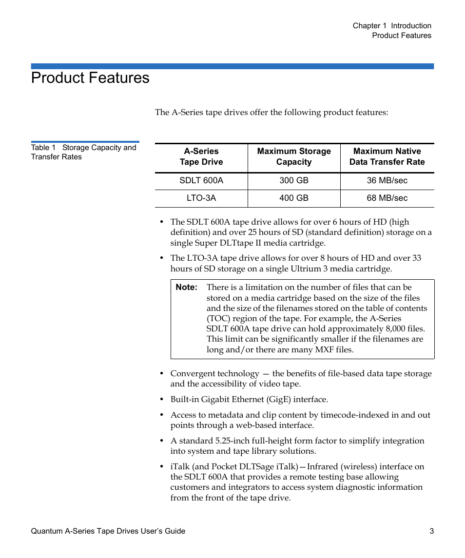 Product features, Table 1, Storage capacity and transfer rates | Quantum Tape Drive A-Series User Manual | Page 19 / 105