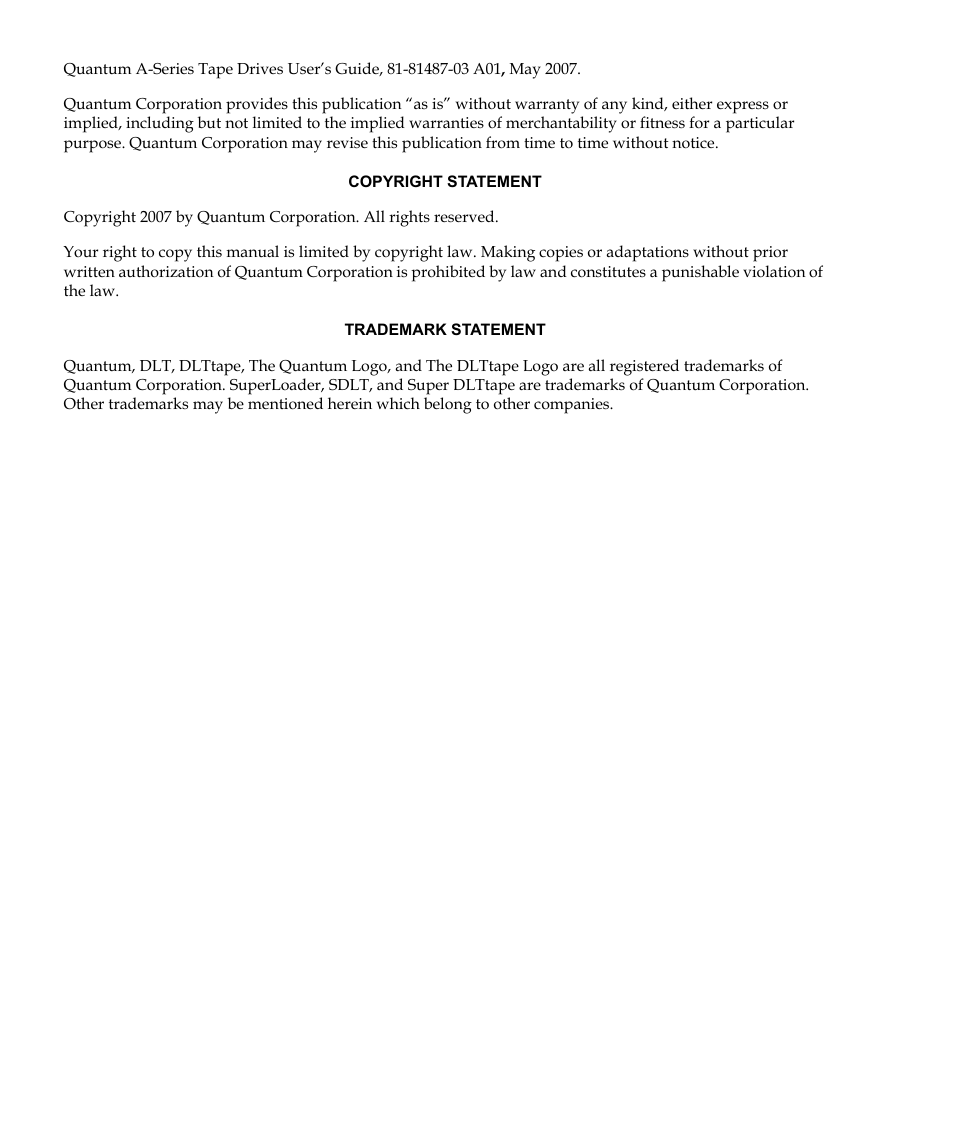 Quantum Tape Drive A-Series User Manual | Page 2 / 105