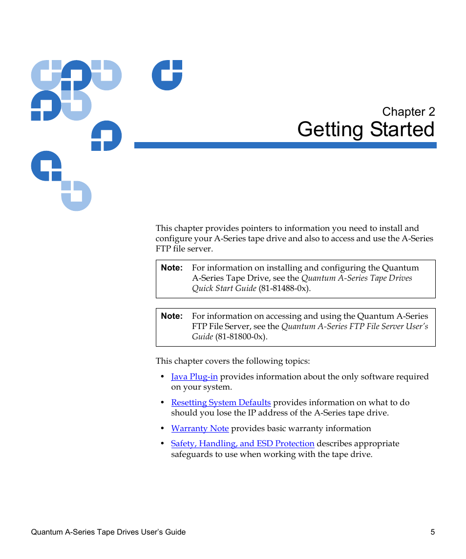 Getting started, Chapter 2, Chapter 2, getting started | Quantum Tape Drive A-Series User Manual | Page 21 / 105