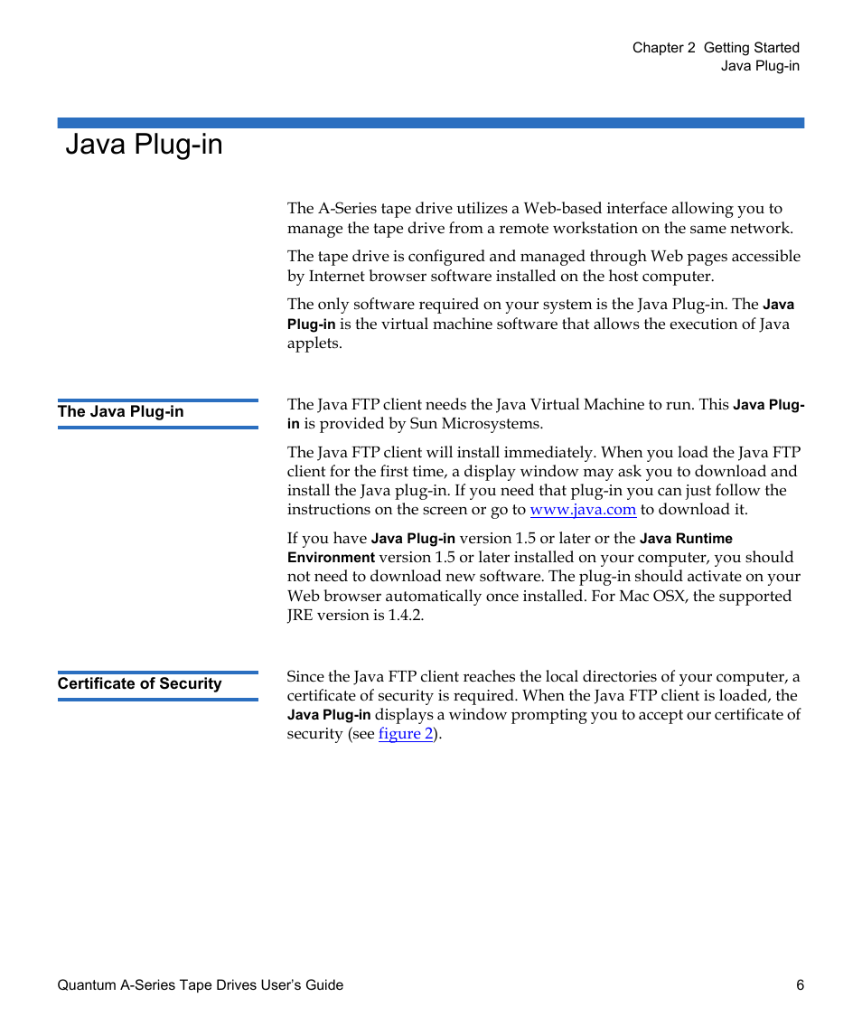 Java plug-in, The java plug-in, Certificate of security | Quantum Tape Drive A-Series User Manual | Page 22 / 105