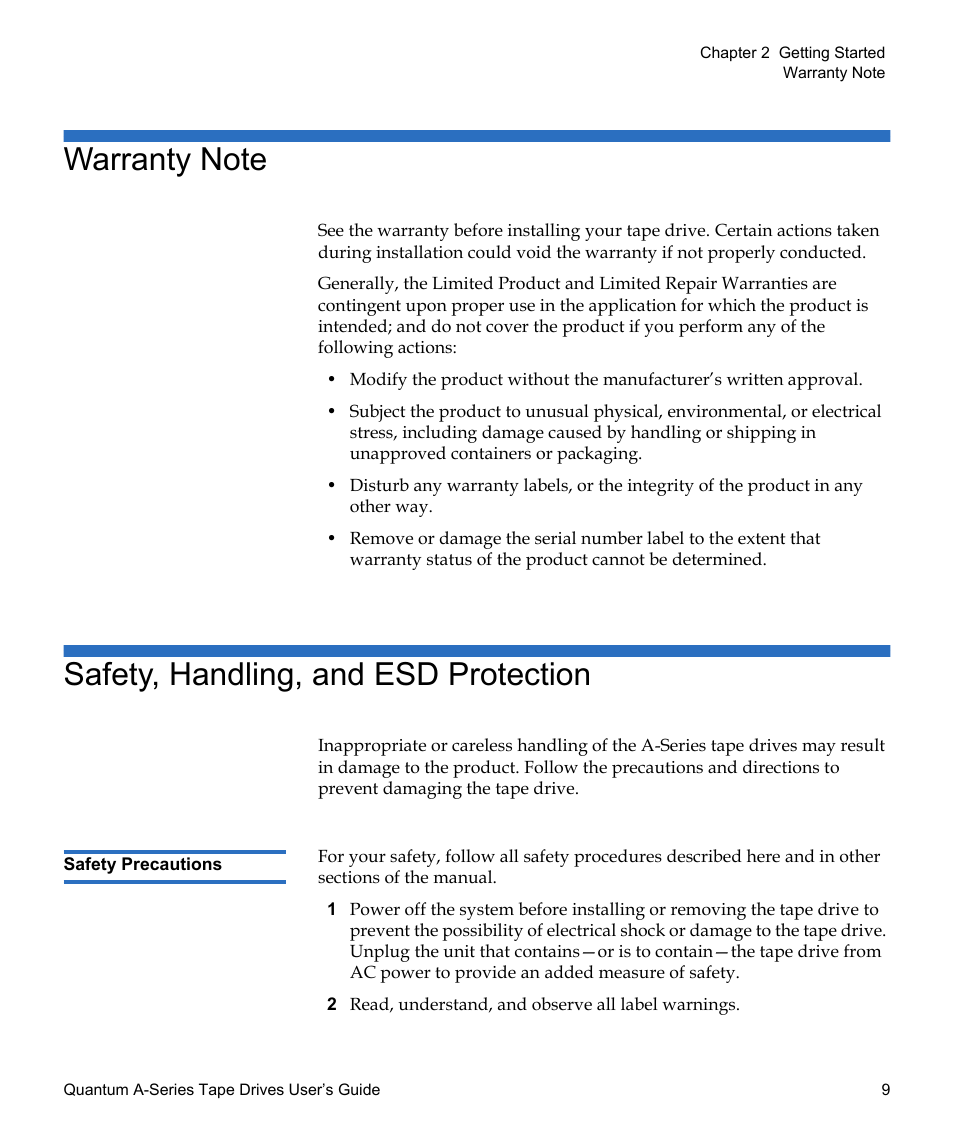 Warranty note, Safety, handling, and esd protection, Safety precautions | Prov, Describe | Quantum Tape Drive A-Series User Manual | Page 25 / 105