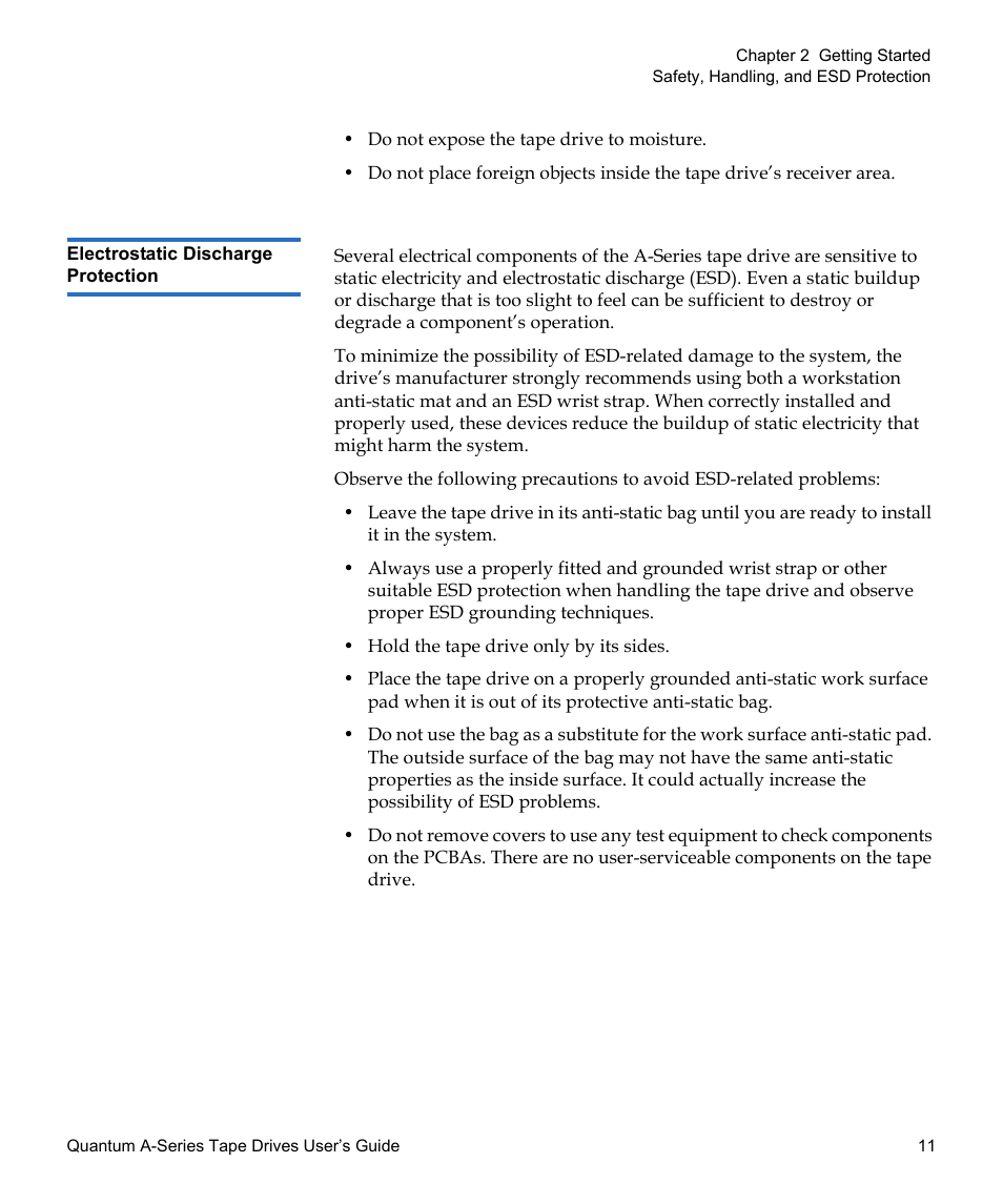 Electrostatic discharge protection | Quantum Tape Drive A-Series User Manual | Page 27 / 105