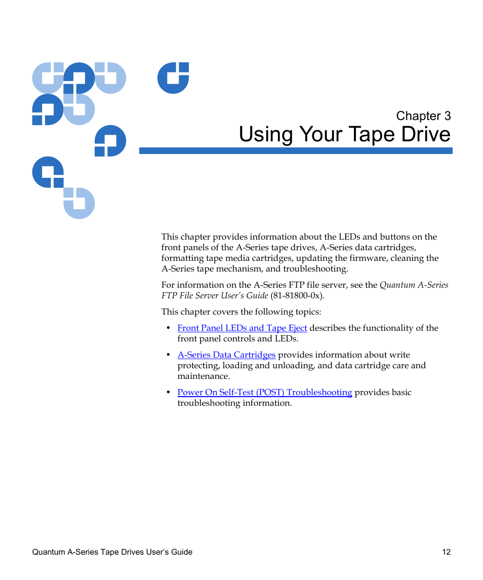 Using your tape drive, Chapter 3, Chapter 3, using your tape drive | Quantum Tape Drive A-Series User Manual | Page 28 / 105