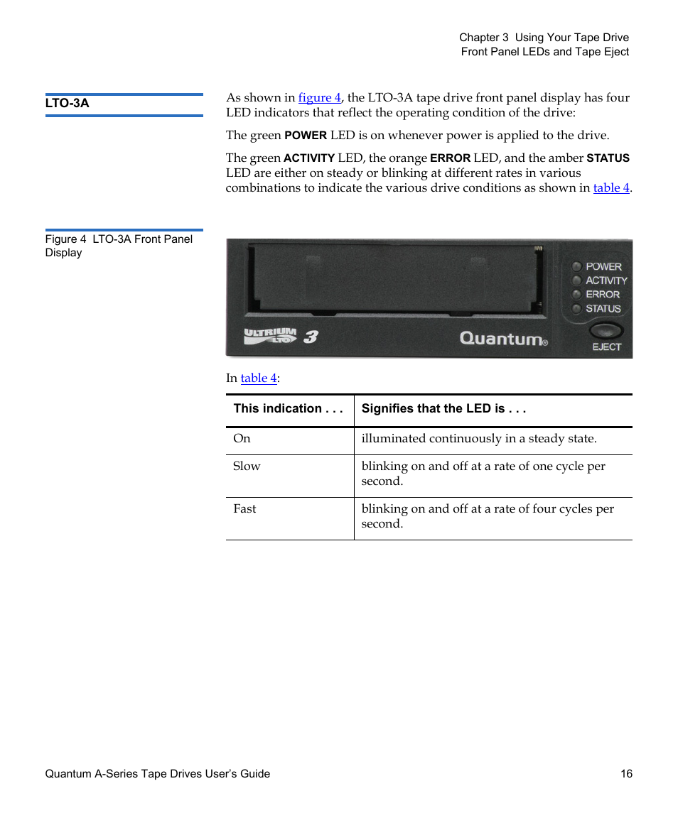 Lto-3a, Figure 4, Lto-3a front panel display | Quantum Tape Drive A-Series User Manual | Page 32 / 105