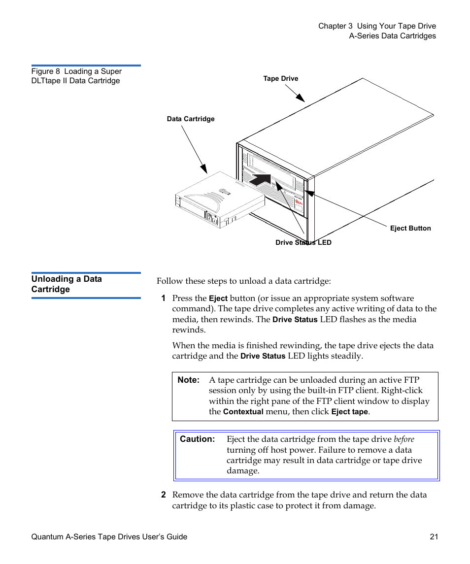 Unloading a data cartridge, Figure 8, Loading a super dlttape ii data cartridge | Quantum Tape Drive A-Series User Manual | Page 37 / 105